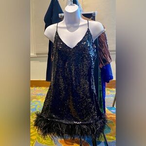 Black Sequin Dress with Feather Hem